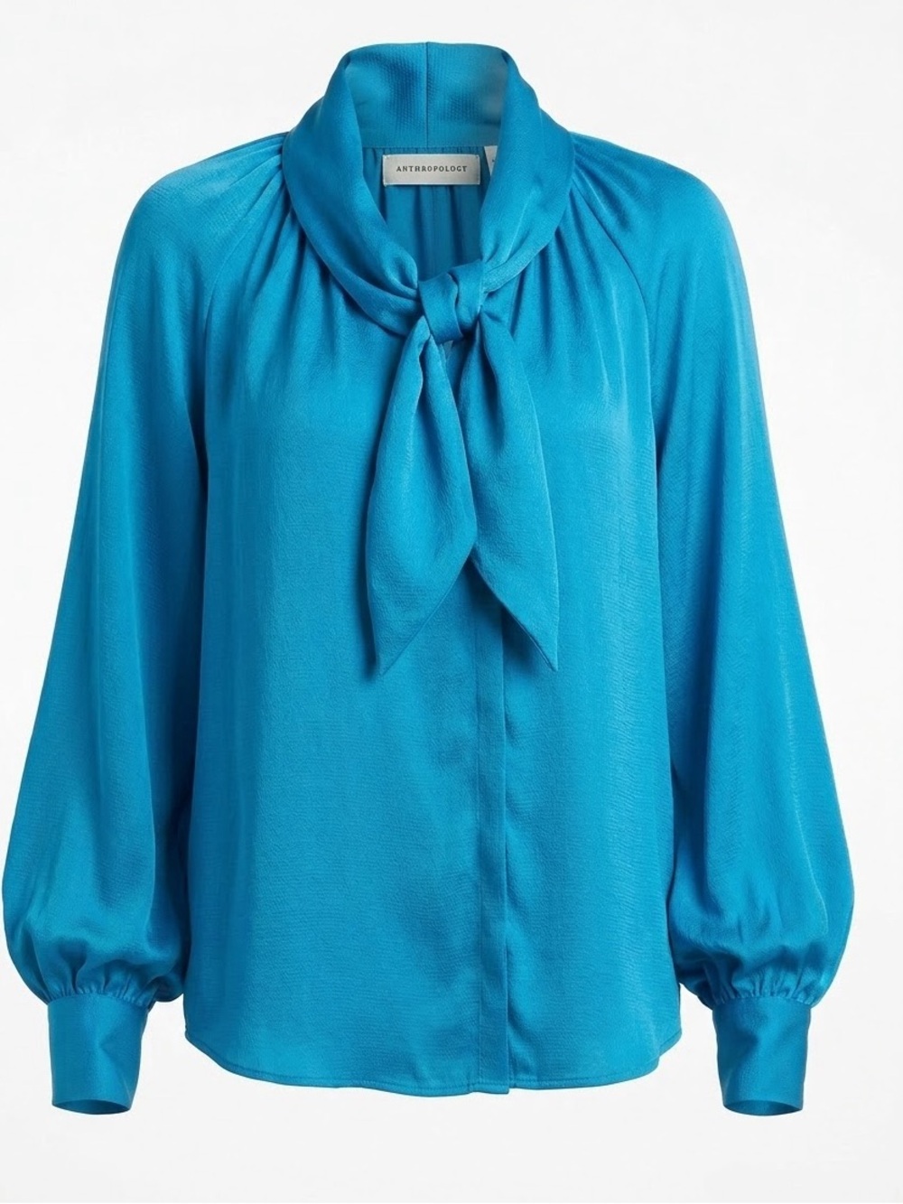 Anthropologie Vibrant Teal Tie-Neck Blouse sideways Button up Large New